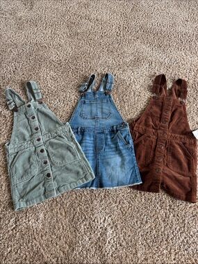 Oshkosh Three Girls' overall dresses- Green, Denim Blue & Brown